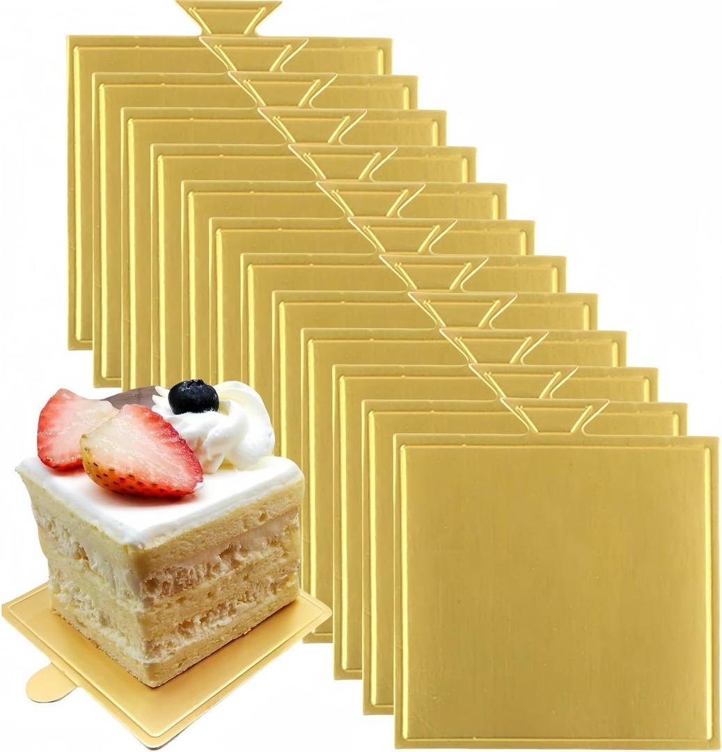 Mini Cake Boards,100 Pcs Food-Graded Cake Base, Mousse Cake Base Square Paper Cupcake Dessert Displays Base for Baking Dessert Party Wedding Birthday,9 * 8.4 cm (Gold)