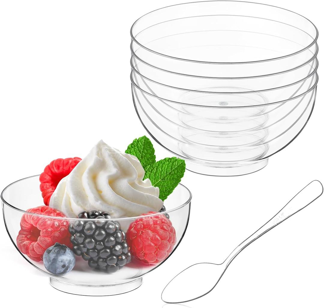 Qeirudu 50 Pack 3 oz Mini Dessert Cups with Spoons, Clear Small Round Party Serving Bowls for Yogurt Parfait Fruit Mousses Appetizer Ice Creams