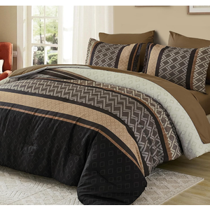 Cottolester Boho Comforter Set King Size,Red Brown Striped Bed in a Bag,Plaid Comforter and Sheet Set,Soft Microfiber Complete Bedding Sets
