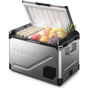 BODEGA 12V Car Refrigerator, 63QT Stainless Steel Dual Zone | Removable Divider,MAX/ECO & Battery Protection,Bluetooth Electric Cooler for RV, Truck, Camping, LED lights