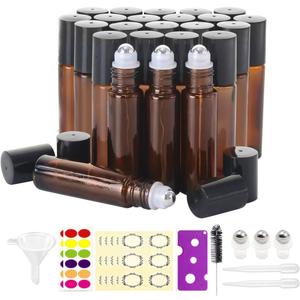 Mavogel 24pack, 10ml Roller Bottles for Essential Oils - Amber, Glass with Stainless Steel Roller Balls (3 Extra Roller Balls, 54 Pieces Labels, Opener, Funnel, Dropper, Brush Included)