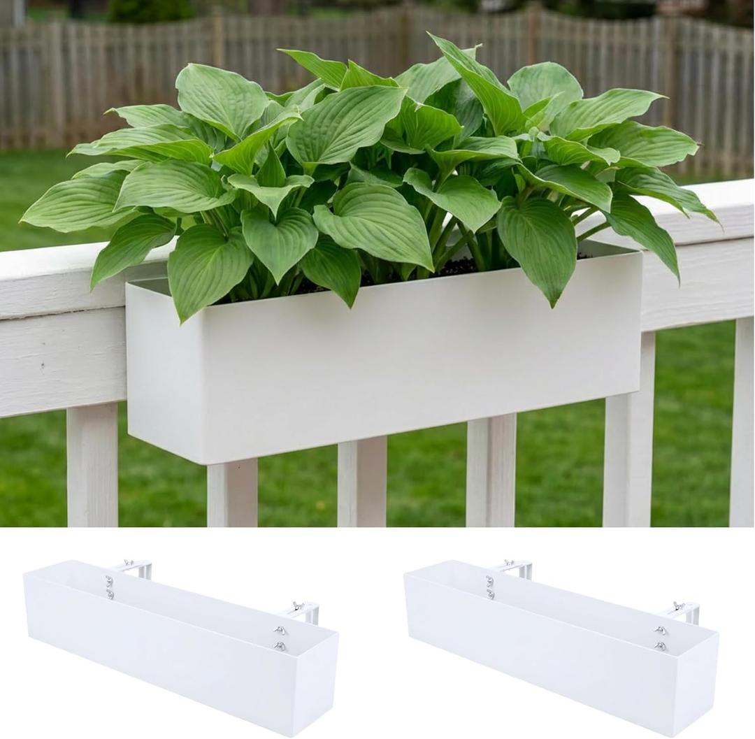 LaLaGreen Planter Boxes Outdoor (16 Inch, 2 Pack) White Metal Rectangular Railing Flower Box with Brackets, Deck Railings Planters for Plants Fence Balcony Patio Porch Modern Garden Decor Over Rail
