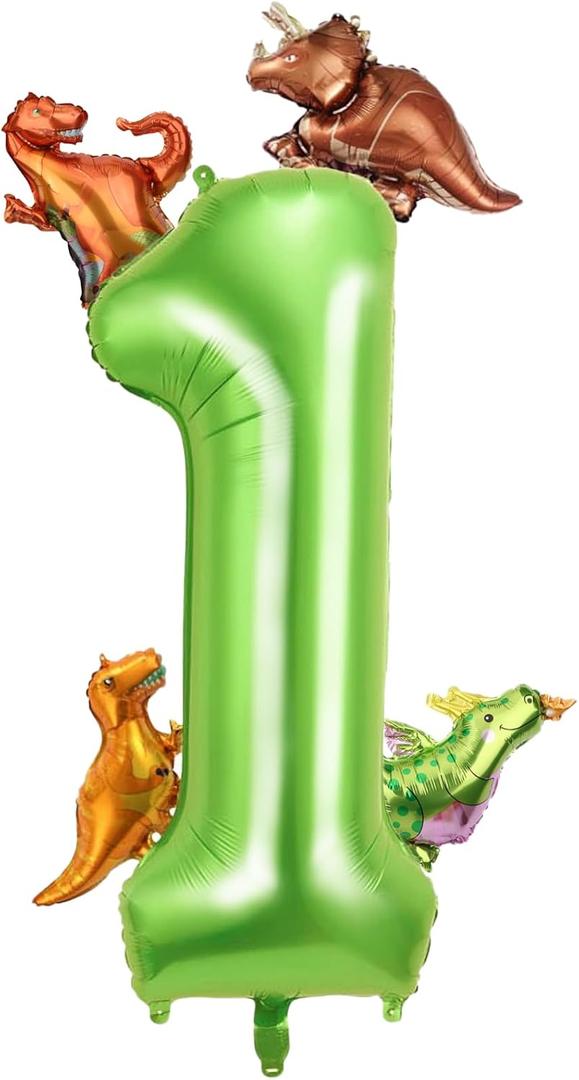 Dinosaur 1st Birthday Balloons Supplies- 40 Inch Large Foil Helium Green Number 1 Balloon with 4 Mini Dino Balloons, Dinosaur Theme Party Decor for Boys First Birthday Photo Props(Green 1)