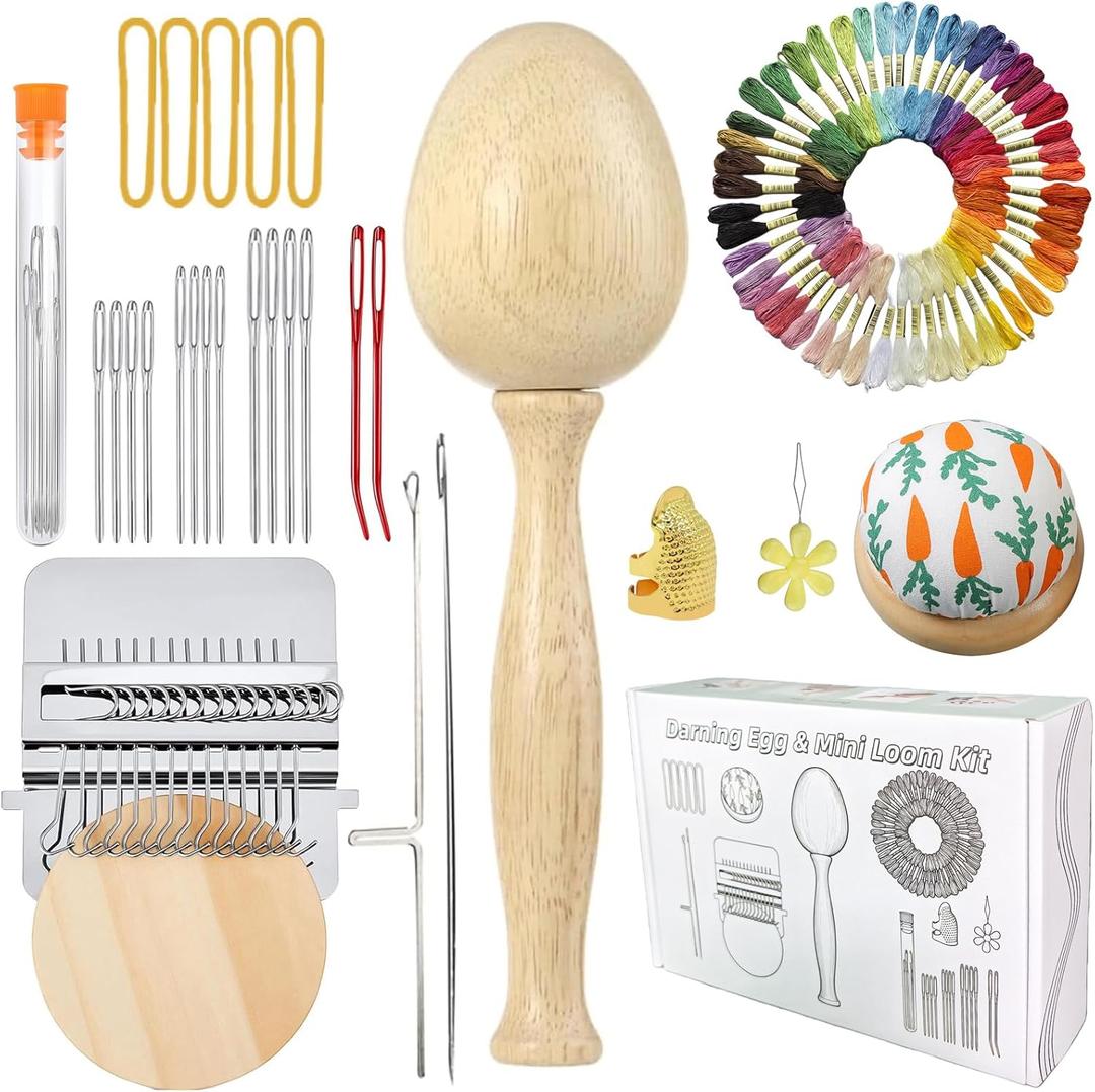 Darning Egg, Mini Darning Loom, Darning Egg Weaving Tool Set with Small Weaving Loom Kit with 14 Pcs Large Eye Needles 50 Colors Darning Thread for DIY Handicraft Home Sewing Care