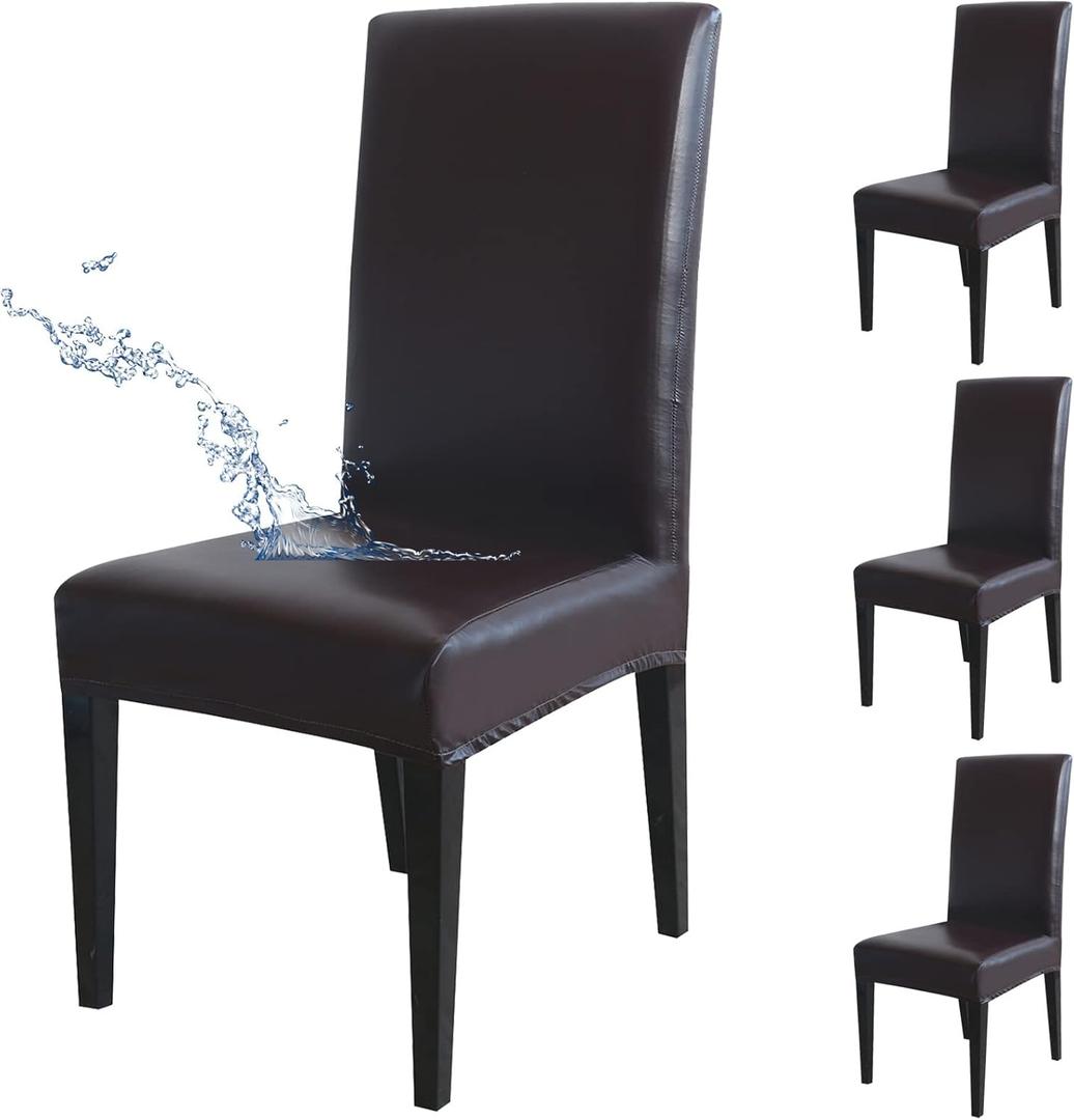 Dining Chair Covers, Solid PU Leather Waterproof Oilproof Stretch Dining Chair Slipcover Chair Seat Protector Cover (Brown, 4 Pack)