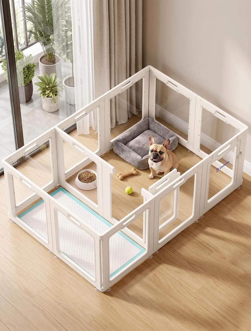 Clear Acrylic Dog Playpen Indoor with 2 Doors, 24" H 12-Panel Transparent Puppy Playpen for Small Dogs Split into Potty Zone + Play Area or Open as Large Rectangle Enclosure, Tool-Free, Anti-Slip