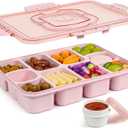 Caperci Snackle Box Container - Large 10-Compartment Divided Serving Tray with Lid and Handle, Built-in 2 Dip Containers, Dishwasher Safe, Leak-Proof, Wheat Straw, BPA-Free (Pink)
