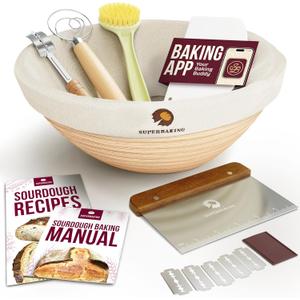 Superbaking Banneton Bread Proofing Basket, Sourdough Bread Baking Supplies, Round 9 Inch Sourdough Starter Kit, Proofing Basket for Baking, Bread Making Supplies Tools, Banneton Basket Gift Set