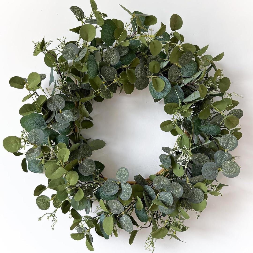Eucalyptus Wreaths for Front Door 22", Handmade Green Leaves Wreath for Summer, Spring and All Seasons, Greenery Floral Wreath for Wall and Outside