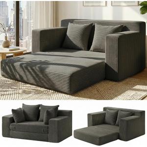 Convertible Sofa Bed, 5 in 1 Small Boneless Couch Pull Out Loveseat Sleeper Sofa,Corduroy Futon Couch Folding Mattress with 4 Pillows for Living Room (Gray, Loveseat) (Grey)