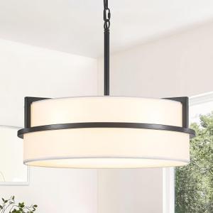 19.7" Black Drum Chandelier,5-Lights Large Drum Pendant Light with White Linen Shade Round Modern Chandeliers for Dining Room Bedroom Kitchen Island Over Table Hanging Ceiling Light Fixtures