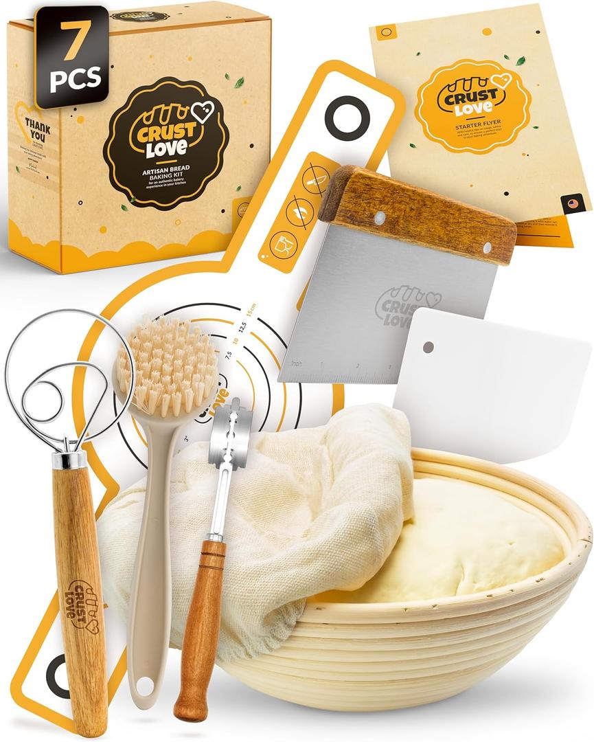 CRUSTLOVE Sourdough Kit inkl. 7 different Bread Making Tools like a 9 inches Sour dough Banneton Bread Proofing Basket - Bread Making Kit, Banneton-Basket, Sourdough-Starter-Kit-Supplies, Baking-Kit (Benneton Set)