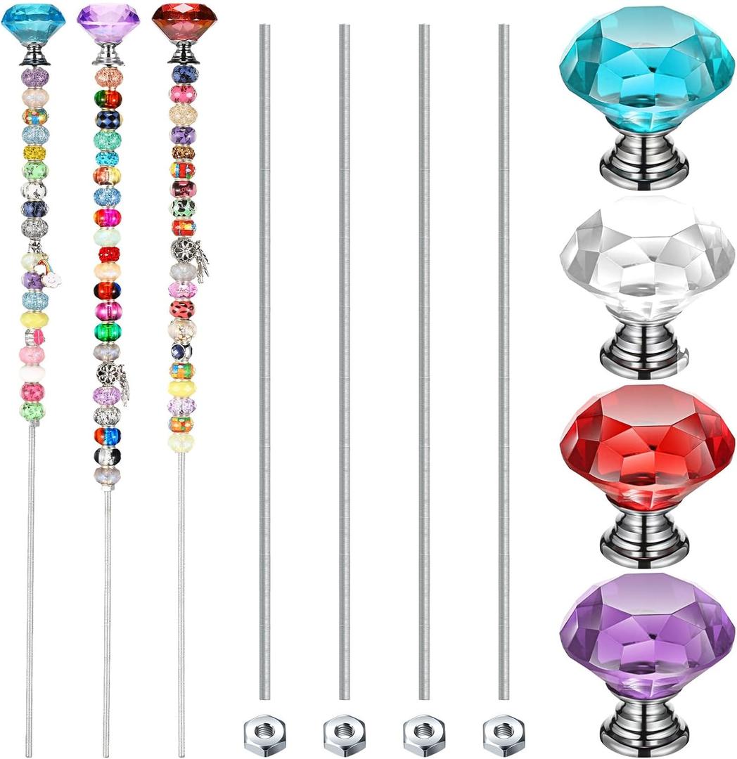 Pelopy 4 Pack Beaded Garden Stakes Wands Kit Stake Crafts for Different Holidays Colorful Glass Insert Ornament Crystal Pendants Decor Outdoor Fairy Sticks for Craft Supplies, Garden Art for Mom