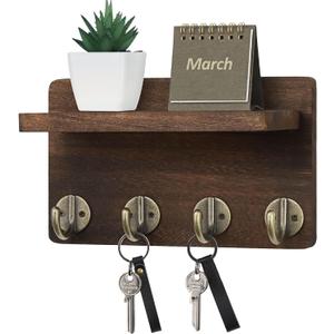 Nekon Key Holder Wall Mount, 8.5 Inch Small Home Decor Wooden Wall Organizer with 4 Hooks and Shelf, Wall Decor for Living Room Entryway Kitchen (Brown)