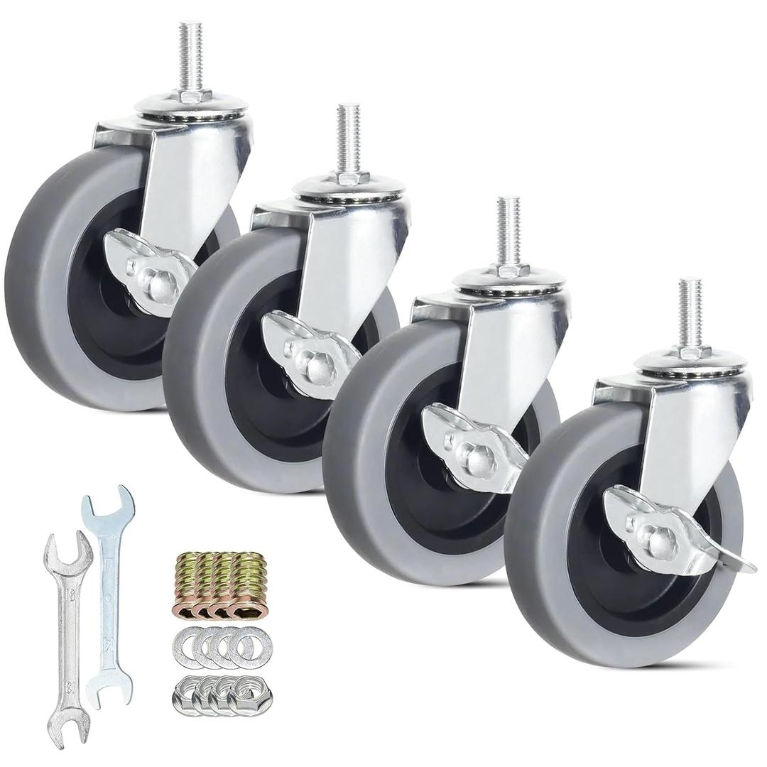 Caster Wheels, 4 Inch Heavy Duty Casters Threaded Stem Casters Set of 4 Locking Castor Wheels for Funiture, Workbench, Carts (M8-1.2525mm, 4 Inch)