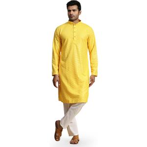 Pro-Ethic Style Developer Mens Indian Traditional Cotton Kurta Sets, Men Kurta Set Indian Wedding Dress (A-117) (Yellow)