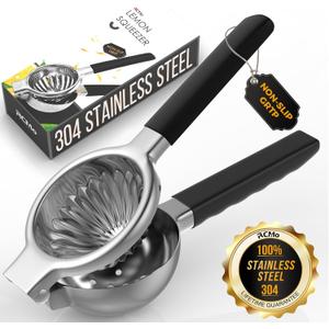 Stainless Steel Lemon Squeezer - Metal Citrus Juicer - Lime Lemon and Fruit Juicer with Silicone Handles - Large Manual Citrus Press Juicer - Hand Held Squeezer - Ergonomic Design with Solid (Black)