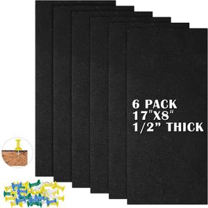 Qunclay 6 Pack Black Cork Board Tiles 17 x 8 Inch Self Adhesive 1/2'' Thick Cork Board Bulletin Memo Boards Pin Boards for Walls Office Home with a Box of Push Pins