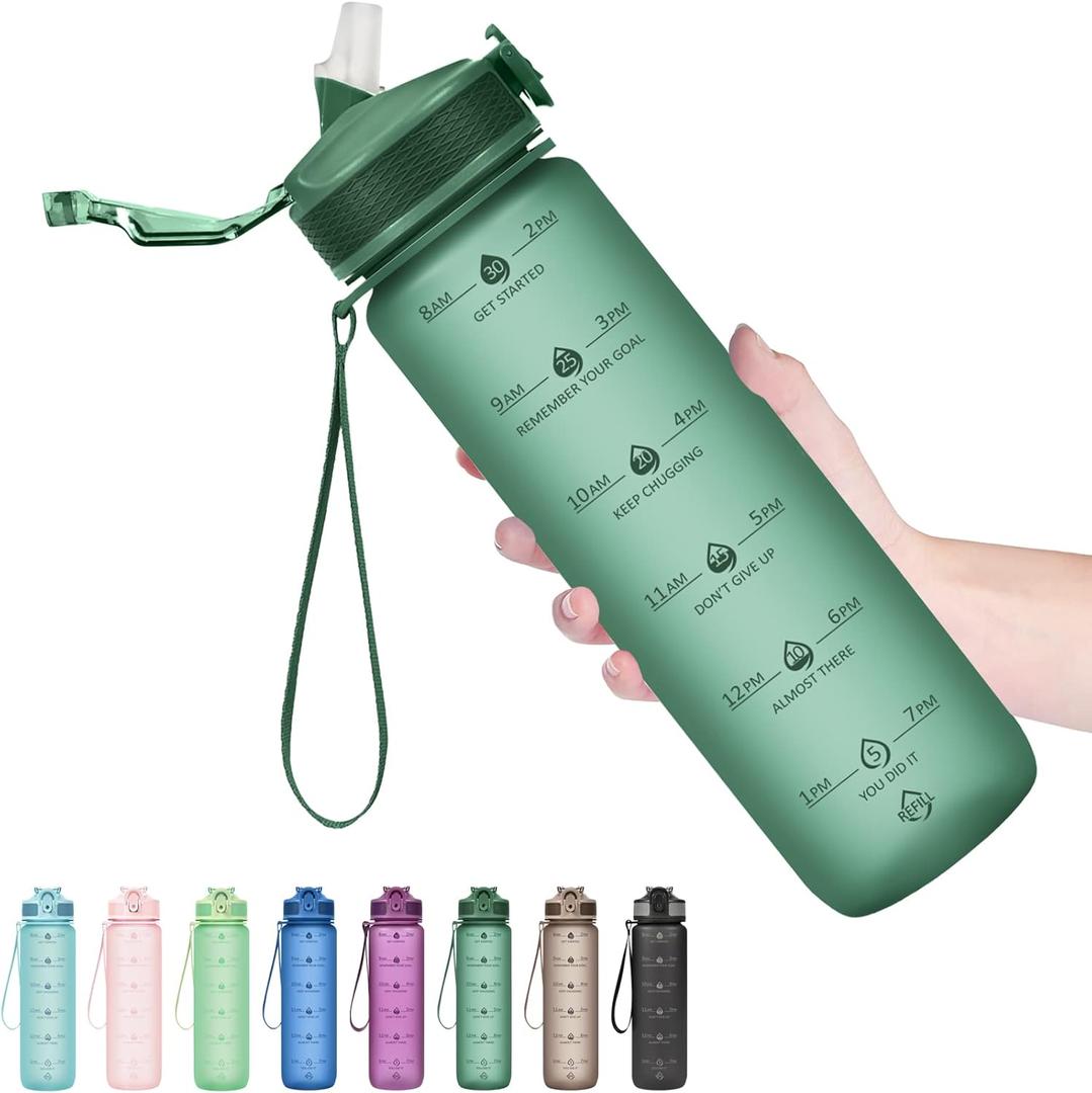 Hyeta 32oz Water Bottles with Straw - Stay Motivated and Hydrated with Convenient Times to Drink Markings, Durable, Leak-proof (Forest)