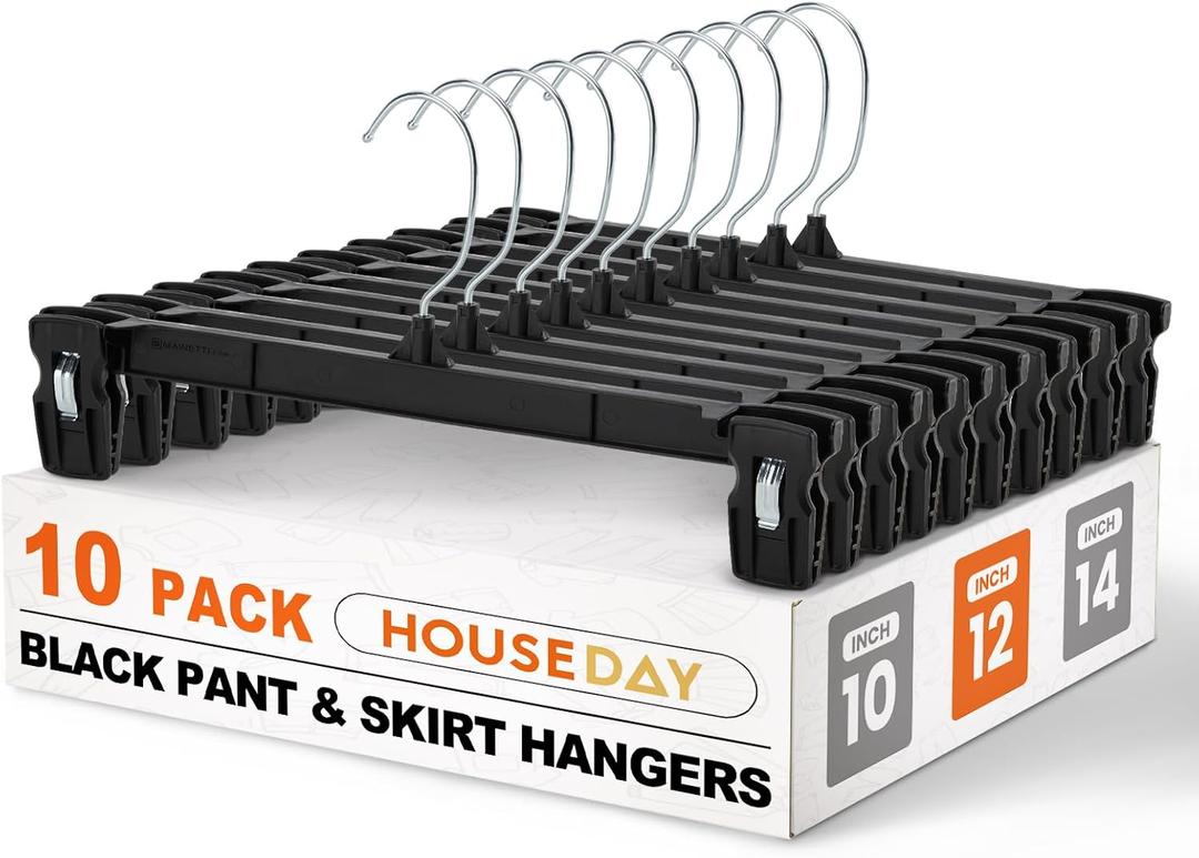 HOUSE DAY Pants & Skirt Hangers - 10 Pack Pants Hangers with Non-Slip Big Clips - Closet Hanger for Shorts, Shirts, Jeans, Slacks, Clothes, Clothing - Durable, Slim & Space Saving, Black - 12 Inch