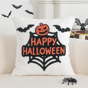 Jonhier Halloween Decorative White Throw Pillow Cover, Fall Embroidered Pumpkin Pillowcase for Sofa Couch Bed, Textured Bat Pattern Thanksgiving Cushion Home Decor (Happy Halloween, 18 x 18)