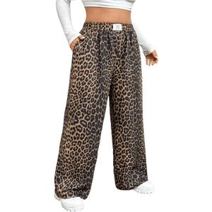 RoseSeek Women's Letter Leopard Print Straight Leg Pants Elastic Waist Y2K Trousers Bottoms with Pockets, XX-Large, Brown