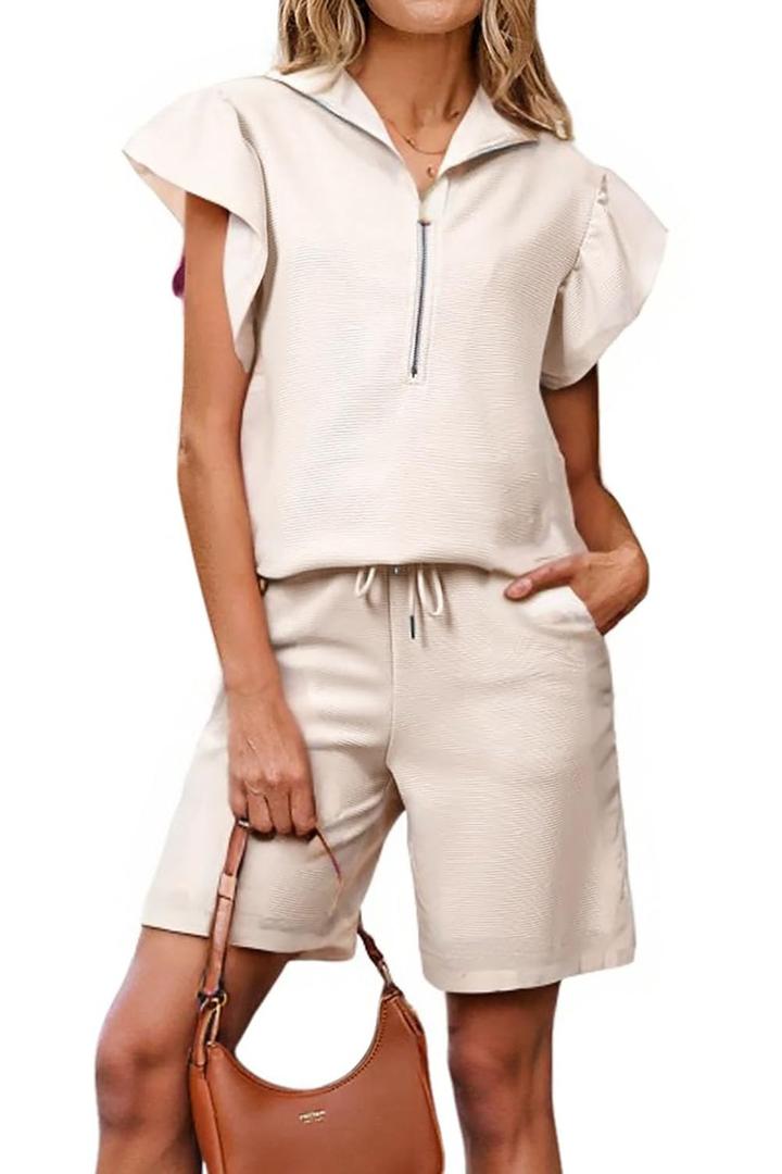 KevaMolly Womens Lounge Sets Textured Ruffled Sleeve Zipped Top and Wide Leg Shorts Set Daily Two Piece Sets Apricot M (M)