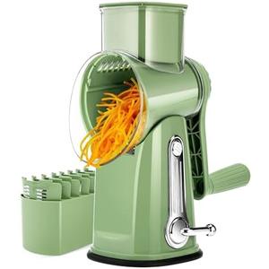 SUSTEAS Rotary Cheese Grater with Handle - Vegetable Shredder with 5 Well-designed Blades & Strong Suction Base,Round Mandoline Slicer & Food Chopper for Kitchen,with Blade Storage Box(Retro Green)