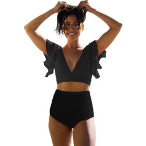 SPORLIKE Women Ruffle High Waist Swimsuit Two Pieces Push Up Tropical Print Bikini (Small, Black)