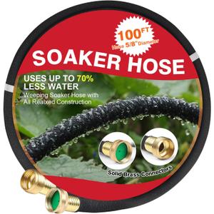 Soaker Hose 100 FT for Garden with 5/8" Diameter Irrigation Hose Save 70% of Water Solid Brass Interface Eminently Suitable for Lawn and Garden Bed Cover
