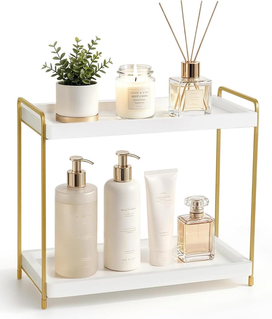 Mkono Bathroom Counter Organizer, 2 Tier Countertop Bathroom Decor Wood Storage Sink Shelf for Vanity Kitchen Coffee Station Home Office, Makeup Tray for Cosmetic Skincare Perfume, Gold and White