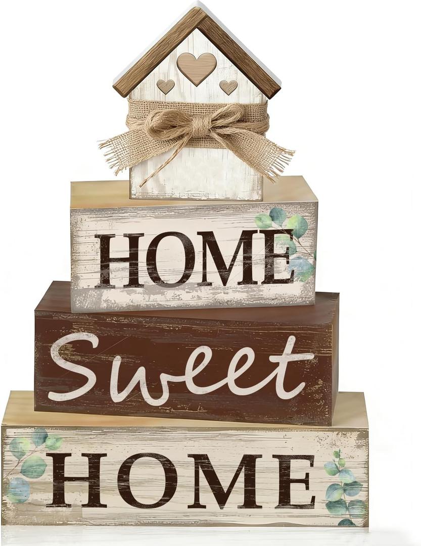 4 Pcs Farmhouse Tiered Tray Decor Home Sweet Home Rustic Wooden Tabletop Sign Neutral Heart House Shaped Shelf Mantle Kitchen Decoration Housewarming Gifts