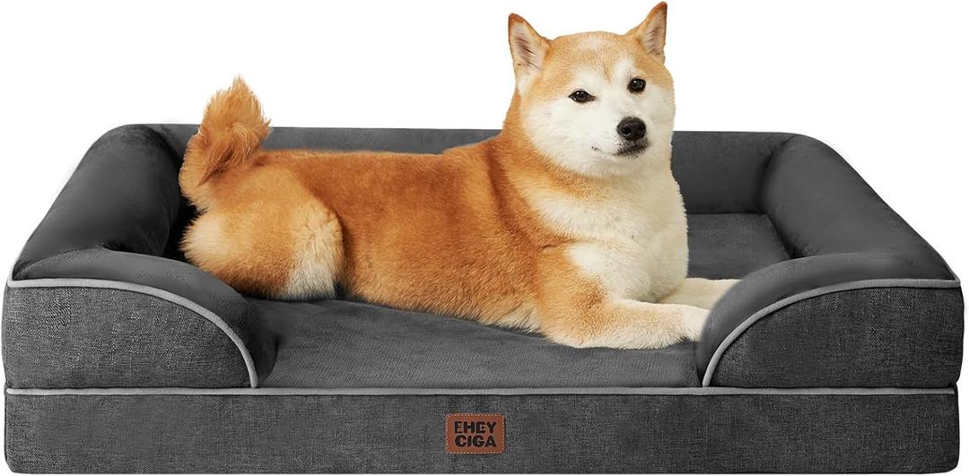 EHEYCIGA Orthopedic Dog Beds for Large Dogs, Waterproof Memory Foam Large Pet Bed with Sides, Non-Slip Bottom and Egg-Crate Foam Dog Couch Bed with Washable Removable Cover, Dark Grey (36.0"L x 27.0"W x 6.5"Th)