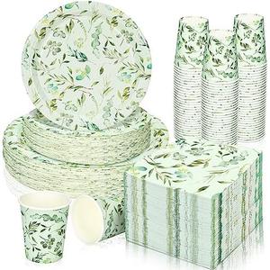 Dandat 250 Pcs Sage Green Party Plates and Cups Sets Disposable Paper Plates Cups Napkins Party Supplies Eucalyptus Dinnerware for Boho Bridal Shower Baby Shower Wedding Birthday Garden, Serves 50