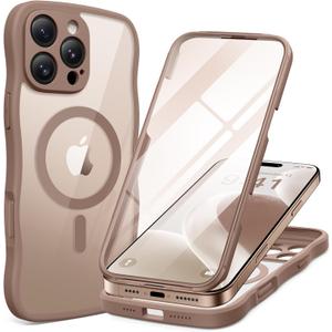 BERFY for iPhone 16 Pro Max Case for Women Girls, [Compatible with MagSafe][Built-in Glass Screen Protector and Camera Protection] Cute Wave Clear Full Body Phone Case for iPhone 16 Pro Max 6.9",Brown