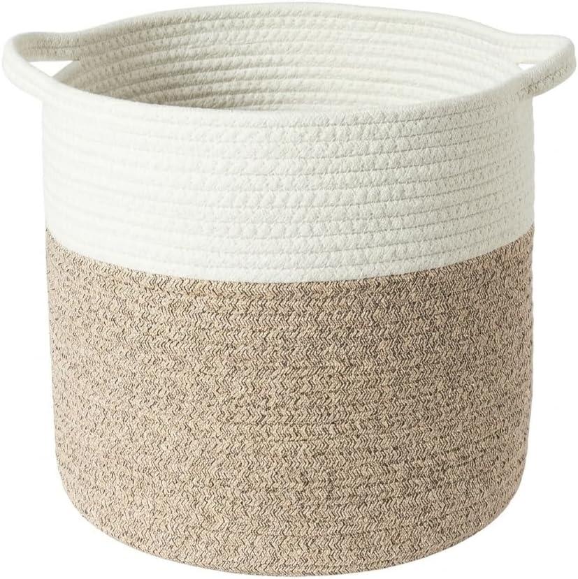 Woven Laundry Basket, 17L Cotton Rope Nursery Hamper for Baby Tall Blanket & Toy Storage Bin for Living Room Bedroom Bathroom, Collapsible, White, 11" Dia 11"H