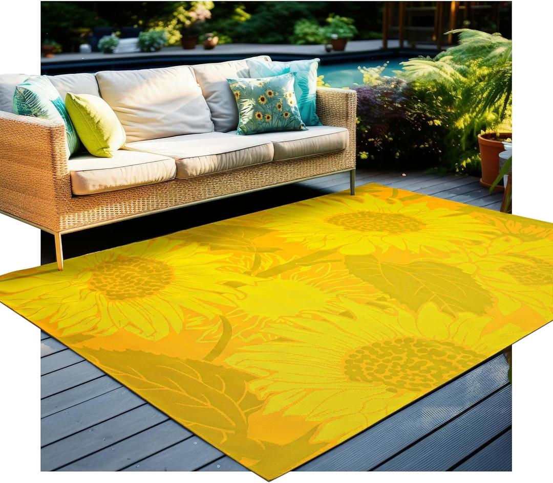 Outdoor Rug for Patio Furniture/Front Porch/Deck/Backyard Decor RV Waterproof Plastic Straw Camping Rugs, Bold Color Sunflower Design, Durable in Full Sun [9 * 12Ft]