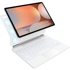 HOU Keyboard for Samsung Galaxy Tab S10+ Plus/S9+ Plus/S9 FE+ Plus/S8+ Plus/S7+ Plus/S7 FE 12.4" with Magnetic Case,Floating Cantilever,Multi-Function Trackpad,7 Colors Backlit,S Pen Holder,White