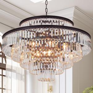 6-Tier Large Gold Crystal Chandeliers 31" Modern Luxury Chandeliers for Staircase K9 Crystal High Ceiling Chandelier 17-Light Round Hanging Pendant Light Fixture for Living Room Entryway Foyer (Brown)