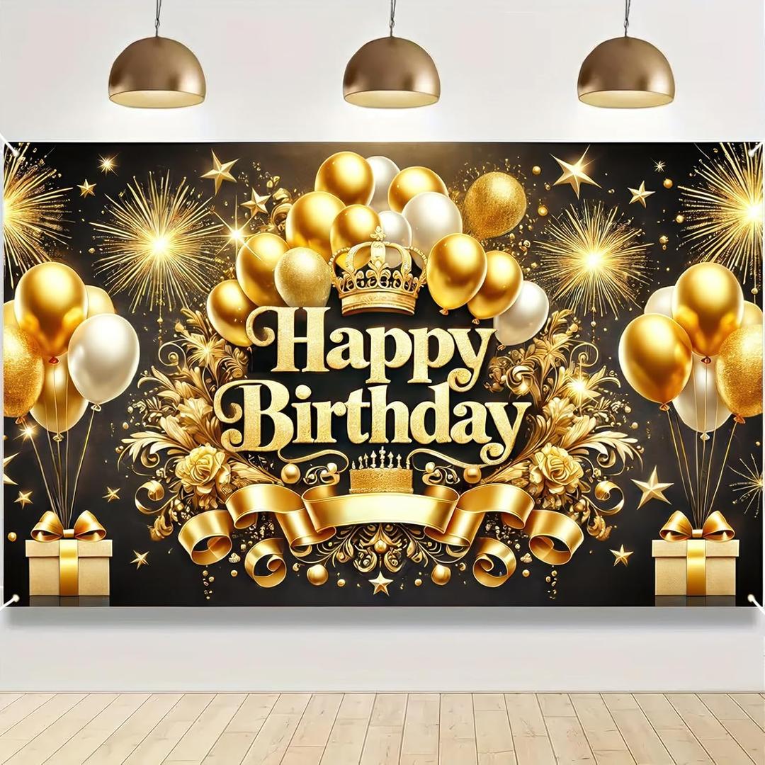 Happy Birthday Backdrop Banner 71x43 Inch Black and Gold Banner Crown Balloons Stars Photography Background Men Women Birthday Party Decoration for Indoor Outdoor Events Photo Booth Props