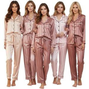 Satin Pajama Set Christmas Red & Pink Striped PJs for Women & Men, Long Sleeve Button-Up Top with Pants
