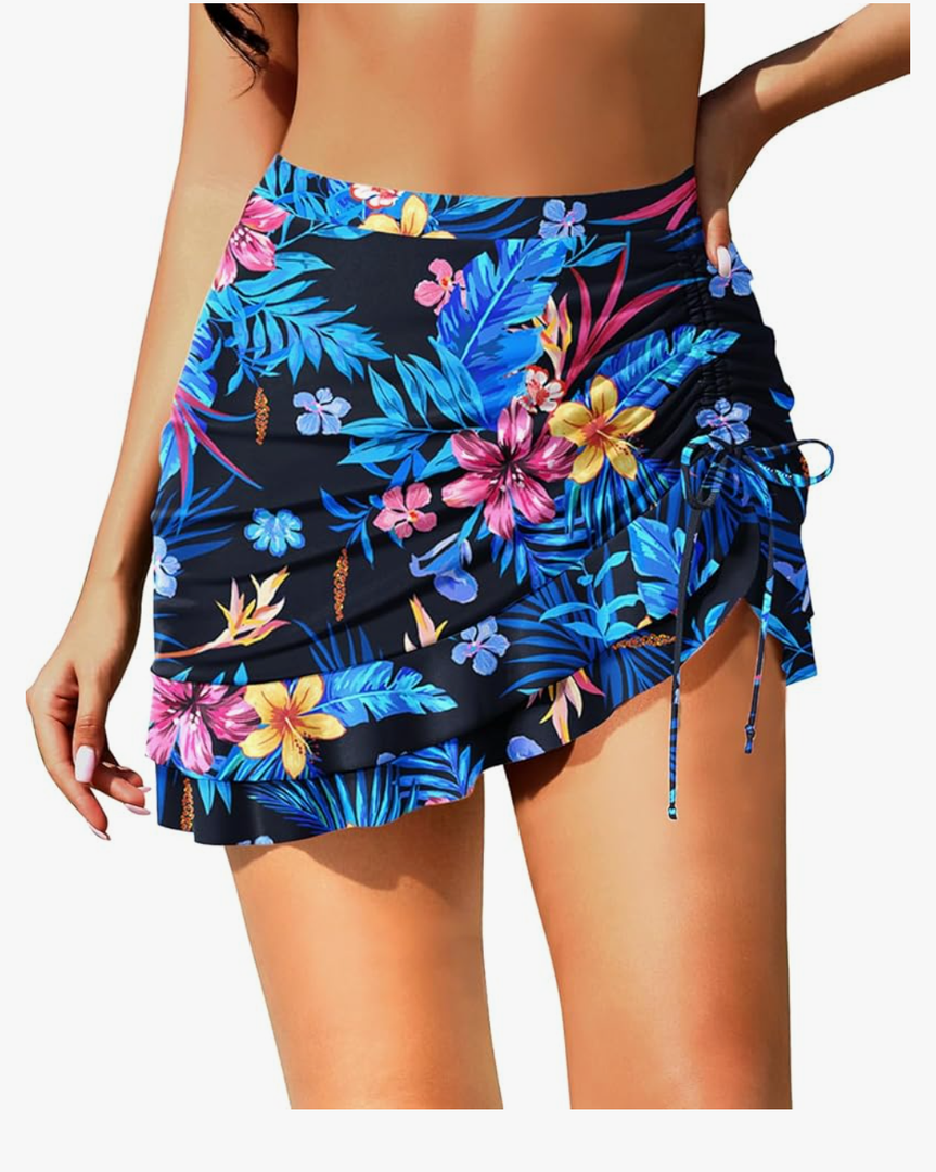 Pinup Fashion High Waisted Swim Skirt - Women Drawstring Ruched Bathing Suit Bottoms with Built-in Brief, Medium