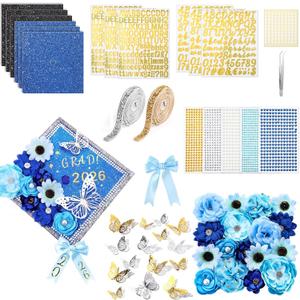 Wavwavw 62 Pcs DIY Graduation Cap Decorations Kit Include Faux Flowers 3D Butterfly Bow Self Adhesive Rhinestones and Alphabet Letter Stickers for 2026 Grad Cap Topper Decor Graduation Party(Blue)
