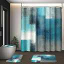 Tayney Turquoise Abstract Shower Curtain Set with Toilet Lid Cover and NonSlip Rugs for Bathroom, Modern Painting Art 4 Pcs Shower Curtain, Vintage Grey White Bathroom Set with 12 Hooks