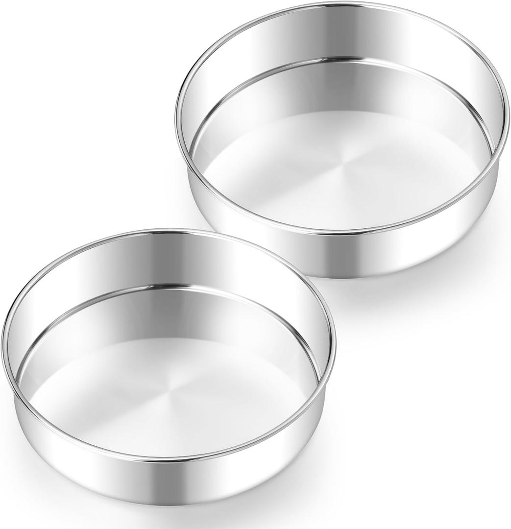 E-far 8 Inch Cake Pan Set of 2, Stainless Steel Round Baking Pans Tins Mold - Non-Toxic & Leak-Proof for Birthday Wedding Layer Tiered Cake, Easy Clean & Dishwasher Safe