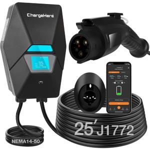 Level 2 EV Charger Wallbox, 32A 240V Smart Home Electric Vehicle Charging Station, 25ft Cable, NEMA 14-50, J1772, ETL Certified, WiFi App, Fits All EVs & Tesla (Adapter Needed)