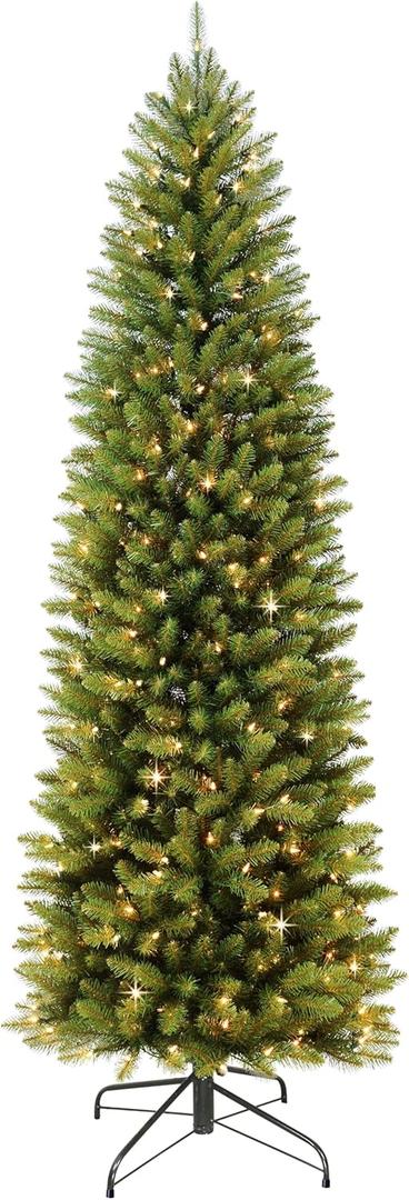 Puleo International 7.5ft Pre-Lit Slim Fraser Fir Christmas Tree with 350 Clear Lights, 1188 Realistic Dense Branch Tips, Easy Setup Artificial Trees with Sturdy Metal Stand
