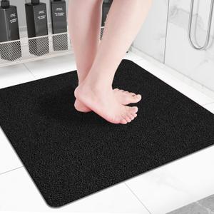 Square Non-Slip Shower Mat 24x24 Inches, Quick-Draining Bath Mat for Shower Floor, PVC Loofah Textured Shower Stall Mat, Secure Anti-Slip Bathroom Mat, Boho Style Bath Mat (Black)