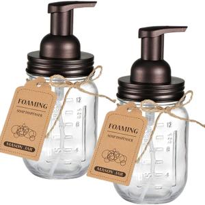 SheeChung Mason Jar Foaming Soap Dispenser-Rustproof Stainless Steel Lid & Foaming Soap Pump, Refill Foam Hand Soap Dispenser Glass for Bathroom Kitchen Vanities, Countertops-Bronze (2 pk)
