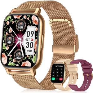Smart Watch for Women(3 Bands), Smartwatch Fitness Tracker with Bluetooth Calls & AI Voice Control, 1.85 HD Screen, Heart Rate/SpO2 Monitor, Sleep Tracker, Compatible with Android iOS (Gold)